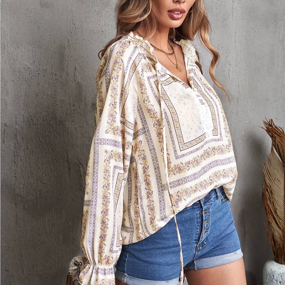 Beige V Neck Lantern Sleeve Drawstring Tribal
Print Top Bohemian Blouse - Picture 5 of 15
